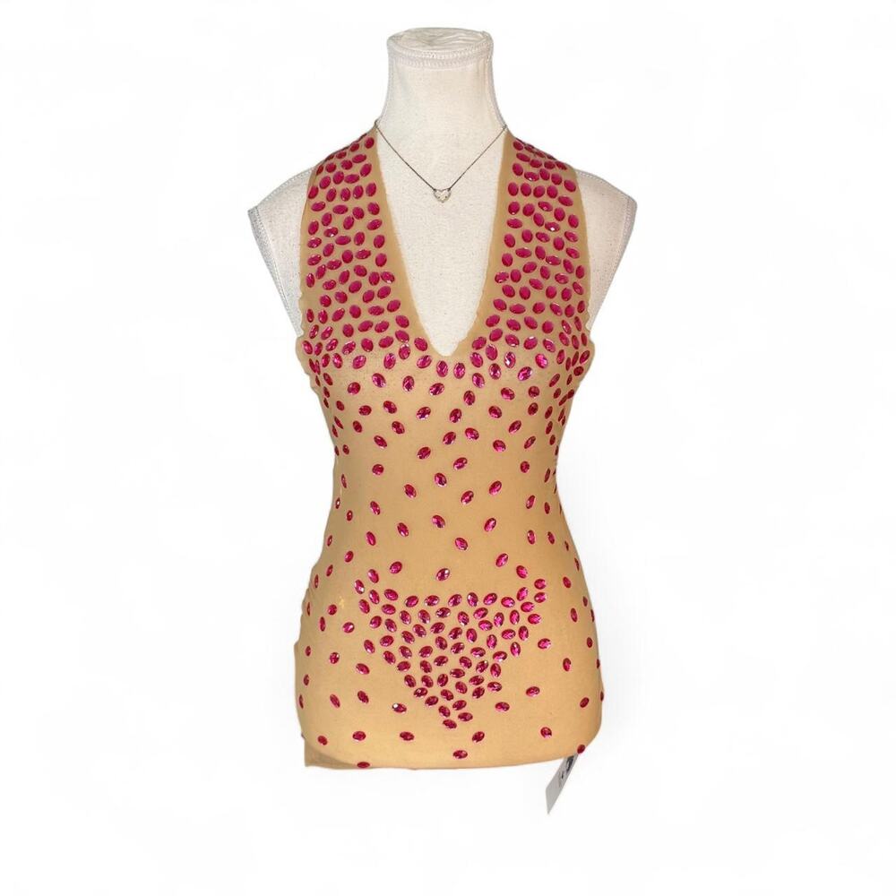 Y2K Fairy core 2000s halter pink & tan Mcbling Jewled full length top small NWT